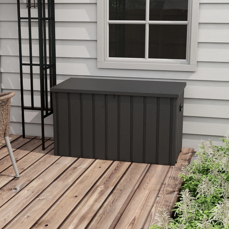 Outsunny 119 Gallon Deck Box, Lockable Galvanised Steel Outside Storage Container for Tools, Cushions, Dark Grey