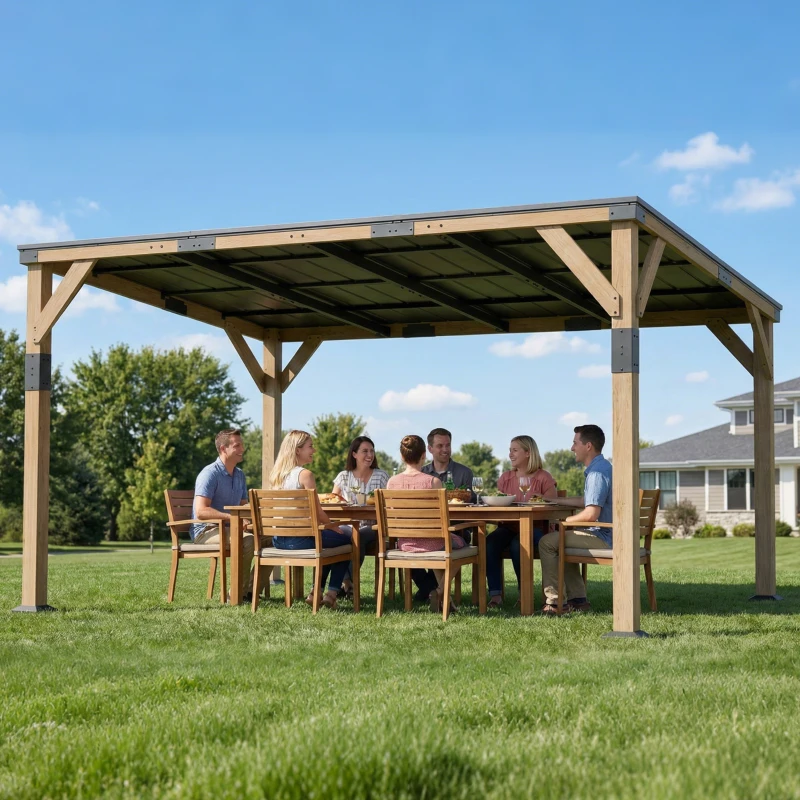 Outsunny 14' x 10' Gazebo, Lean to Galvanized Steel Hardtop Gazebo Pergola with Wood Frame, Patio Gazebo Awning, Dark Grey