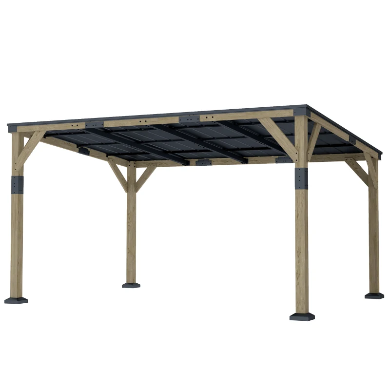 Outsunny 14' x 10' Gazebo, Lean to Galvanized Steel Hardtop Gazebo Pergola with Wood Frame, Patio Gazebo Awning, Dark Grey