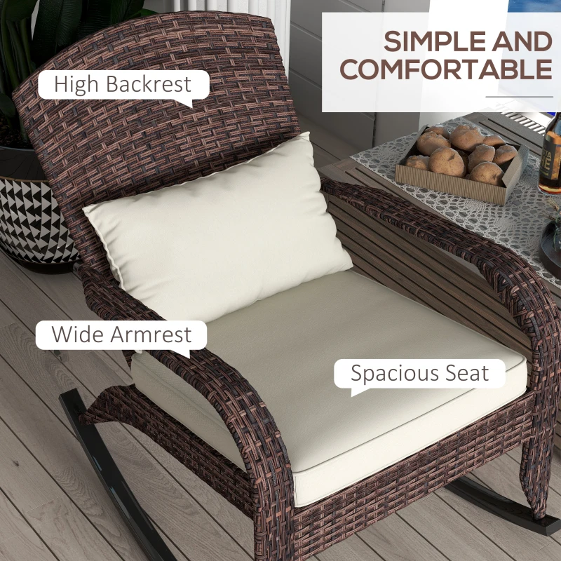 Outsunny Adirondack Chair, Outdoor Wicker Rocking Chair with High Back, Seat Cushion and Pillow for Porch, Balcony, Cream/Brown