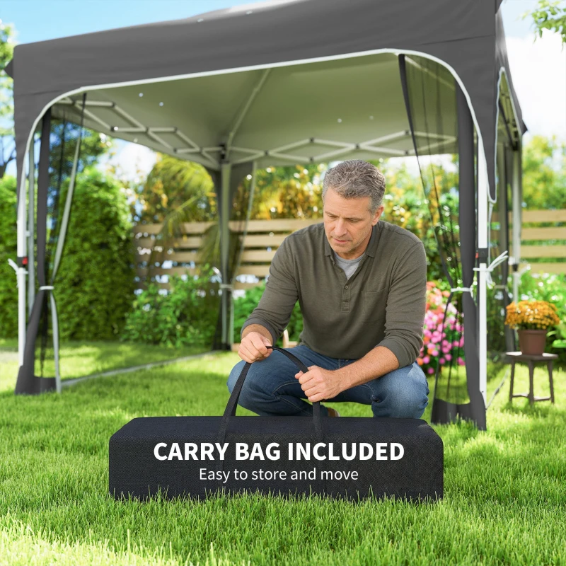 Outsunny 10 x 10 ft Pop Up Canopy Tent with Mosquito Netting, UPF 50+ Central Lock Easy Setup Outdoor Party Tent, Dark Grey