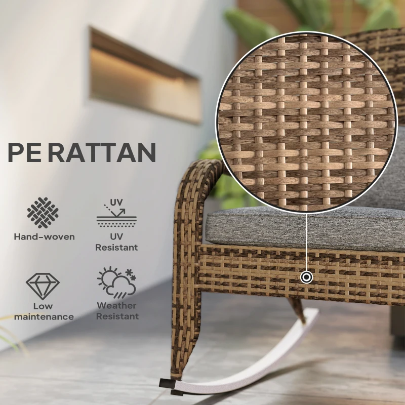 Outsunny Adirondack Chair, Outdoor Wicker Rocking Chair with High Back, Seat Cushion and Pillow for Porch, Balcony, Grey/Yellow