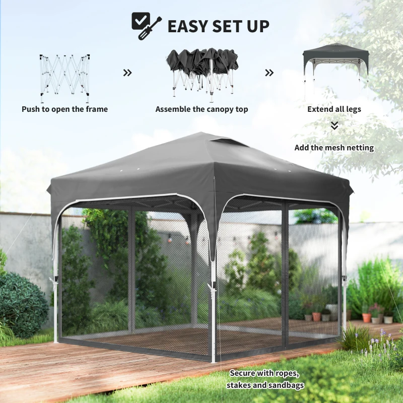 Outsunny 10 x 10 ft Pop Up Canopy Tent with Mosquito Netting, UPF 50+ Central Lock Easy Setup Outdoor Party Tent, Dark Grey