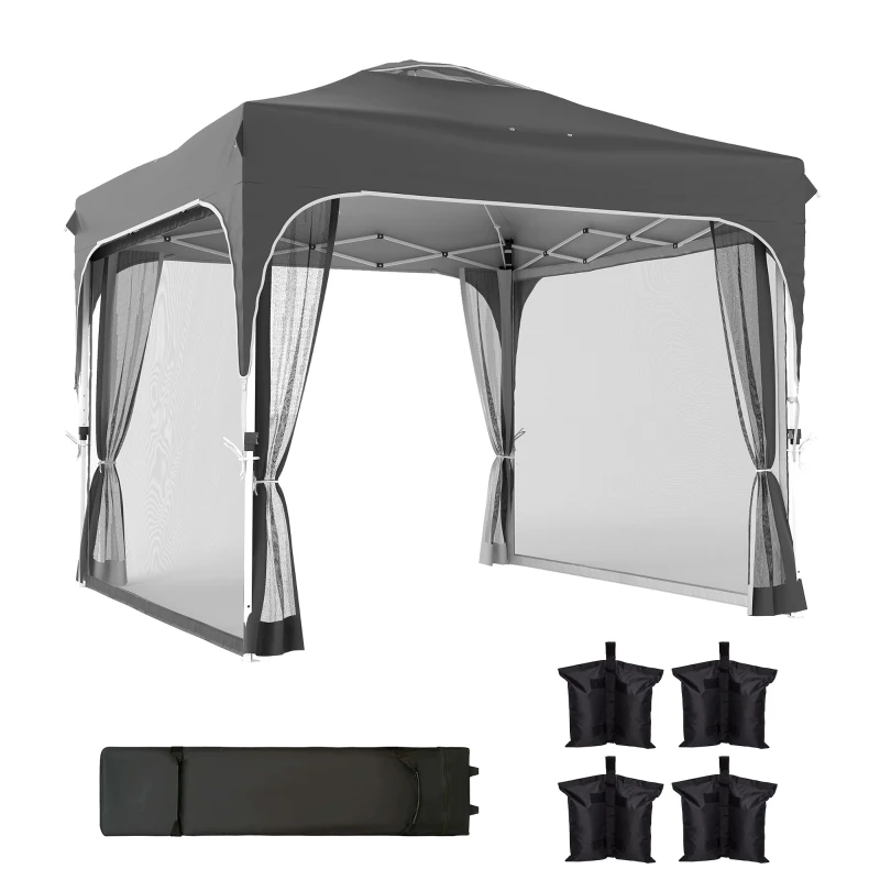 Outsunny 10 x 10 ft Pop Up Canopy Tent with Mosquito Netting, UPF 50+ Central Lock Easy Setup Outdoor Party Tent, Dark Grey