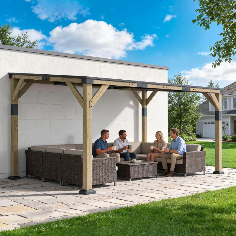 Outsunny 14' x 10' Gazebo, Lean to Galvanized Steel Hardtop Gazebo Pergola with Wood Frame, Patio Gazebo Awning, Dark Grey