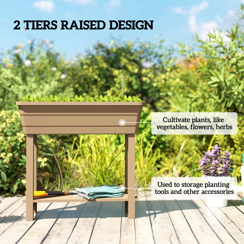 Outsunny 41L Self Watering Raised Garden Bed w/ Ventilation Transparent Lid Greenhouse, Planter Box w/ Storage Shelf, Brown