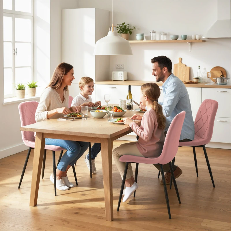 HOMCOM Dining Chairs Set of 4, Upholstered Dining Room Chairs with Steel Legs, Modern Kitchen Chair for Dining Room, Pink