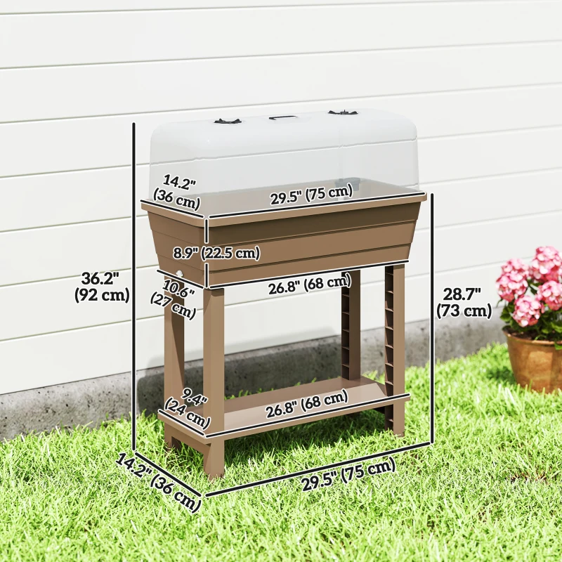 Outsunny 41L Self Watering Raised Garden Bed w/ Ventilation Transparent Lid Greenhouse, Planter Box w/ Storage Shelf, Brown
