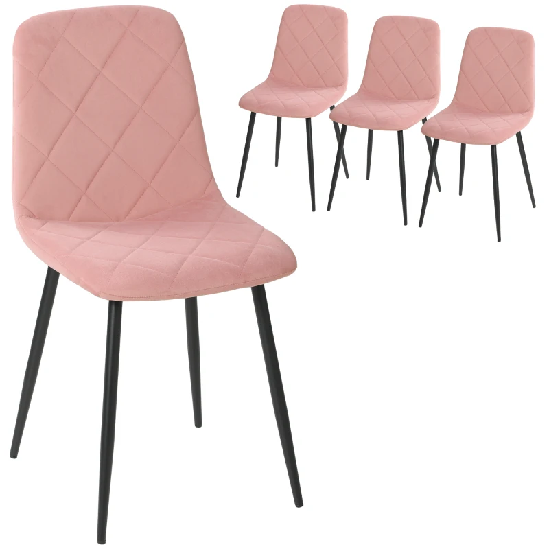 HOMCOM Dining Chairs Set of 4, Upholstered Dining Room Chairs with Steel Legs, Modern Kitchen Chair for Dining Room, Pink
