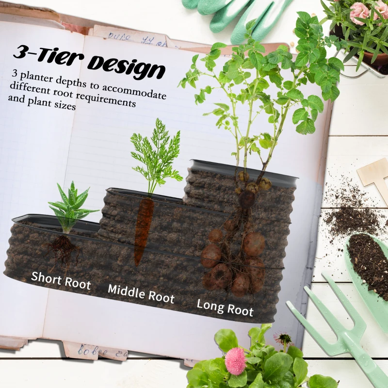 Outsunny 5.2'x3.6'x2.7' Outdoor Raised Garden Bed, 3-Tier Galvanized Planter Box with Safety Edging for Vegetable, Flower, Grey