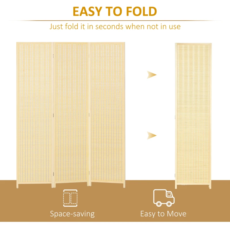 HOMCOM Woven Bamboo Room Divider, 3 Panel Folding Indoor Privacy Screens for Home Office, Natural Wood