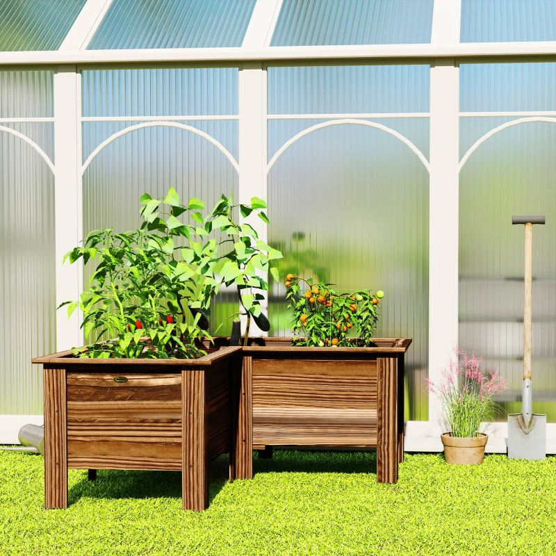 Outsunny Raised Garden Bed, Wooden Elevated Planter Box Outdoor with Legs, for Vegetables, Flowers, Herbs, L-shaped, Carbonized