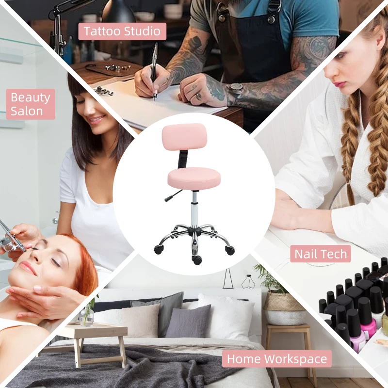 HOMCOM Adjustable Rolling Stool with Removable Backrest, Faux Leather Swivel Stool Chair for Salon Spa, Bar, Massage, Pink