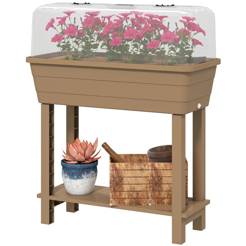 Outsunny 41L Self Watering Raised Garden Bed w/ Ventilation Transparent Lid Greenhouse, Planter Box w/ Storage Shelf, Brown
