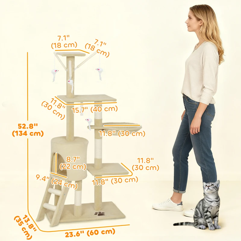 PawHut 53" Cat Tree Tower, Kitten Activity Centre with Scratching Posts, Condo, Perches, Ladder, Hammock, Dangling Toys, Beige