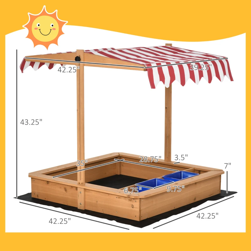 Outsunny Kids Wooden Sandbox with Adjustable Height Cover and Toy Bin Storage, Children Sand Play Station Outdoor,Bottom Liner, for Backyard, Ages 3-7