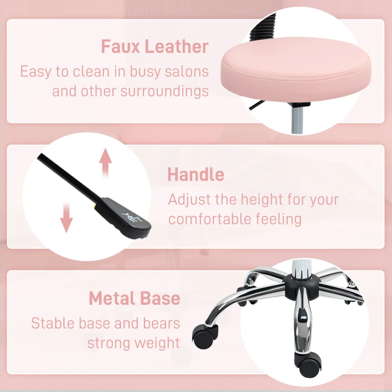 HOMCOM Adjustable Rolling Stool with Removable Backrest, Faux Leather Swivel Stool Chair for Salon Spa, Bar, Massage, Pink