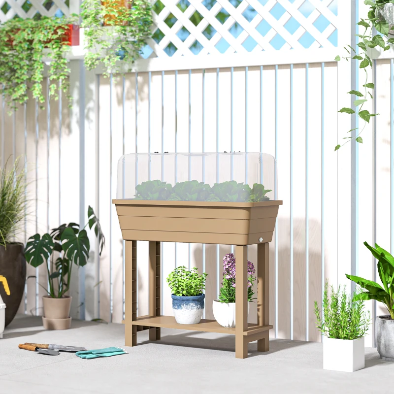Outsunny 41L Self Watering Raised Garden Bed w/ Ventilation Transparent Lid Greenhouse, Planter Box w/ Storage Shelf, Brown