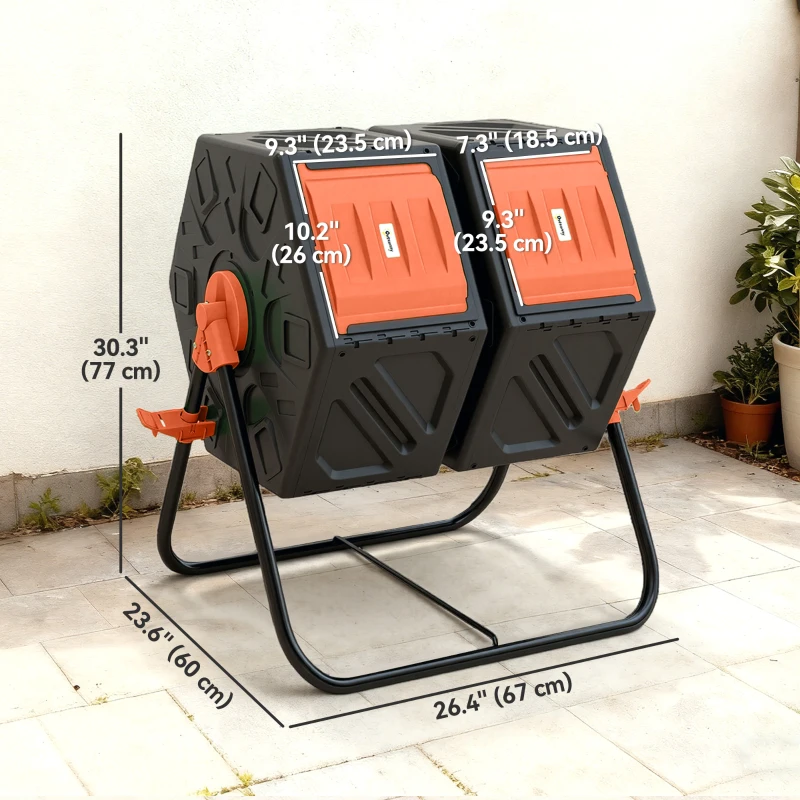 Outsunny Rotating Composter, Dual Chamber Compost Bin with 24 Vents and Steel Legs, 34.5 Gallon, Orange