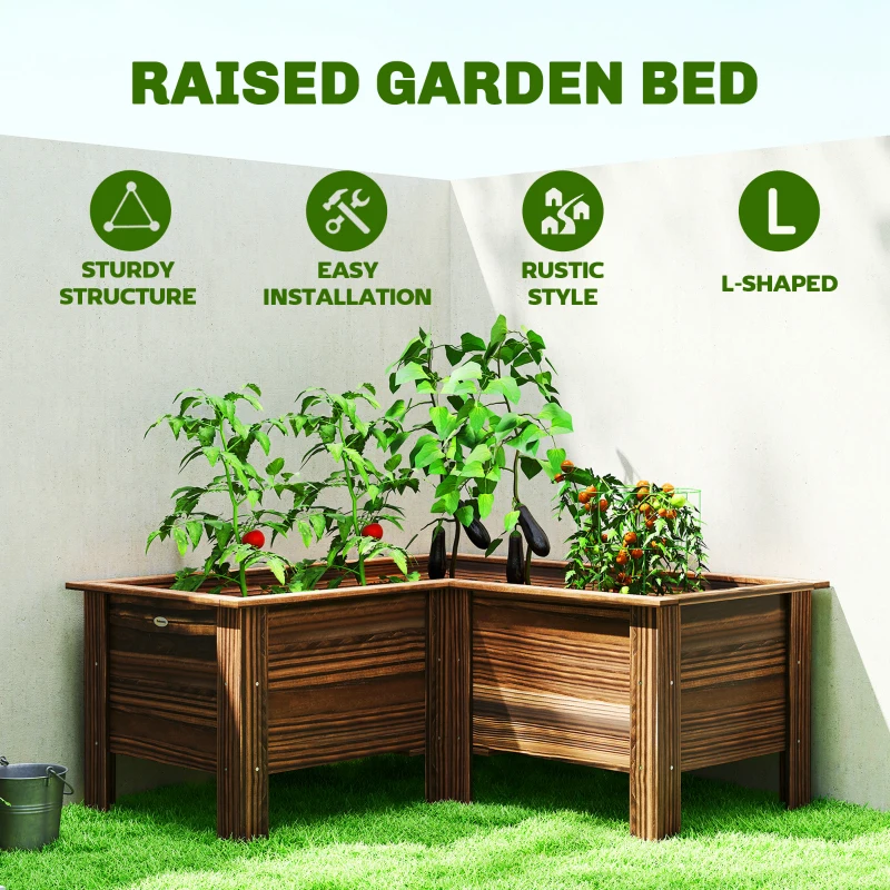 Outsunny Raised Garden Bed, Wooden Elevated Planter Box Outdoor with Legs, for Vegetables, Flowers, Herbs, L-shaped, Carbonized
