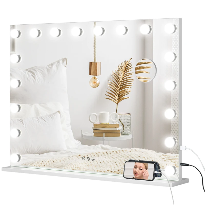 HOMCOM Hollywood Vanity Mirror with Lights, 31.5" x 24.4" Lighted Makeup Mirror with 3 Colour, 10X Magnifying, USB Port, White
