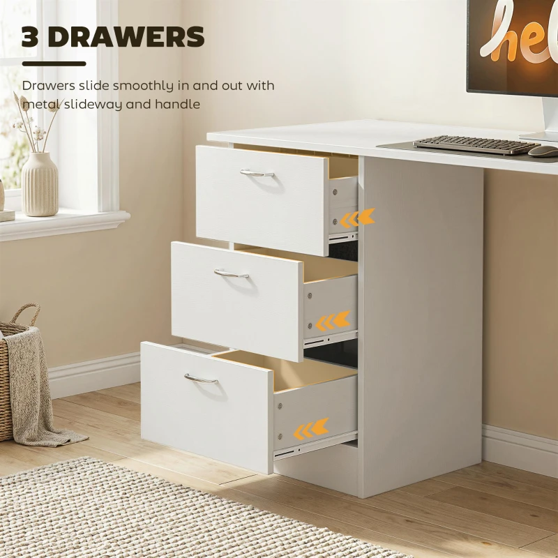 HOMCOM Computer Desk, 47" Writing Table with 3-Tier Shelves and 3 Reversible Drawers for Home Office, Bedroom, White