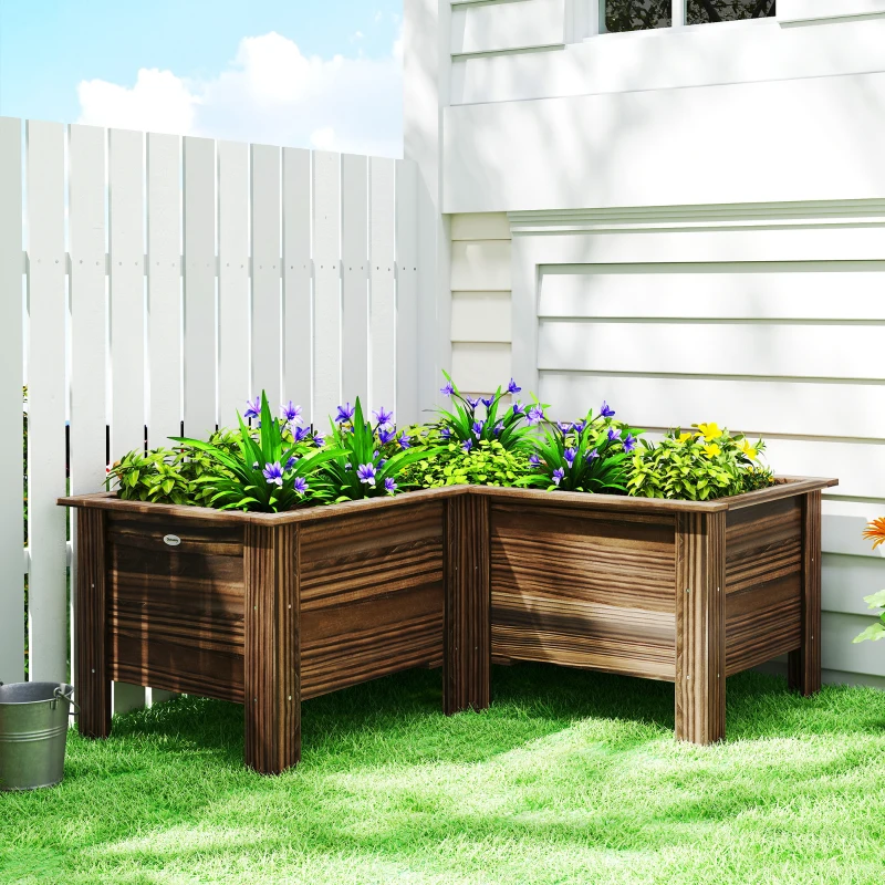 Outsunny Raised Garden Bed, Wooden Elevated Planter Box Outdoor with Legs, for Vegetables, Flowers, Herbs, L-shaped, Carbonized