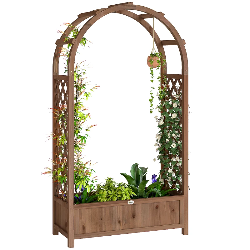 Outsunny Raised Garden Bed with Arch Trellis, Freestanding Garden Planter Box, Outdoor Planter Container, Dark Brown Wood Effect