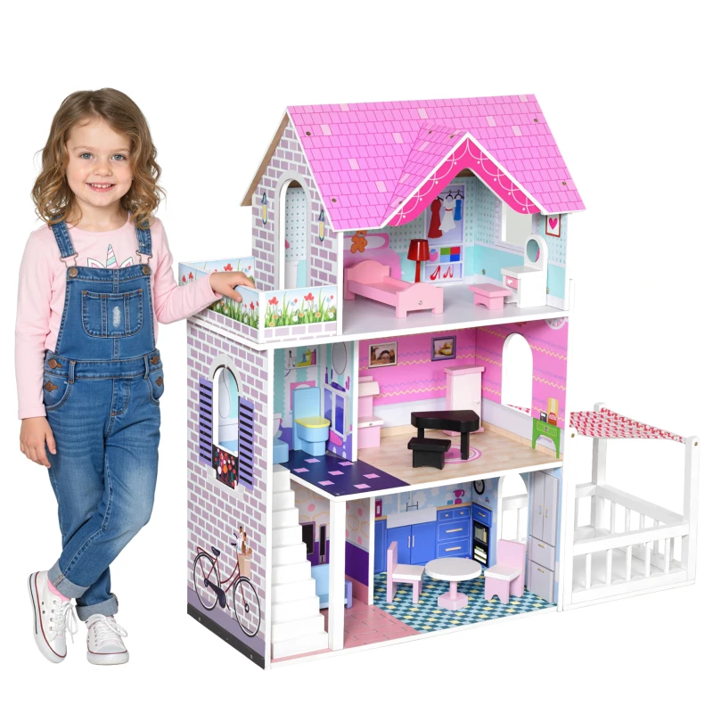 Qaba 2.9ft Kids Wooden Dollhouse Dreamhouse Villa with Patio Dollhouse with Furniture Accessories Kit for Toddler Girls Multi-level House for Children Pink