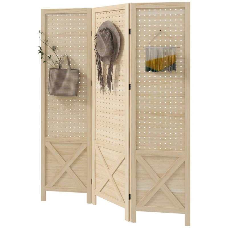 HOMCOM 4.7' 3 Panel Wooden Room Divider with Pegboard Display, Folding Privacy Screen for Home Office, Natural