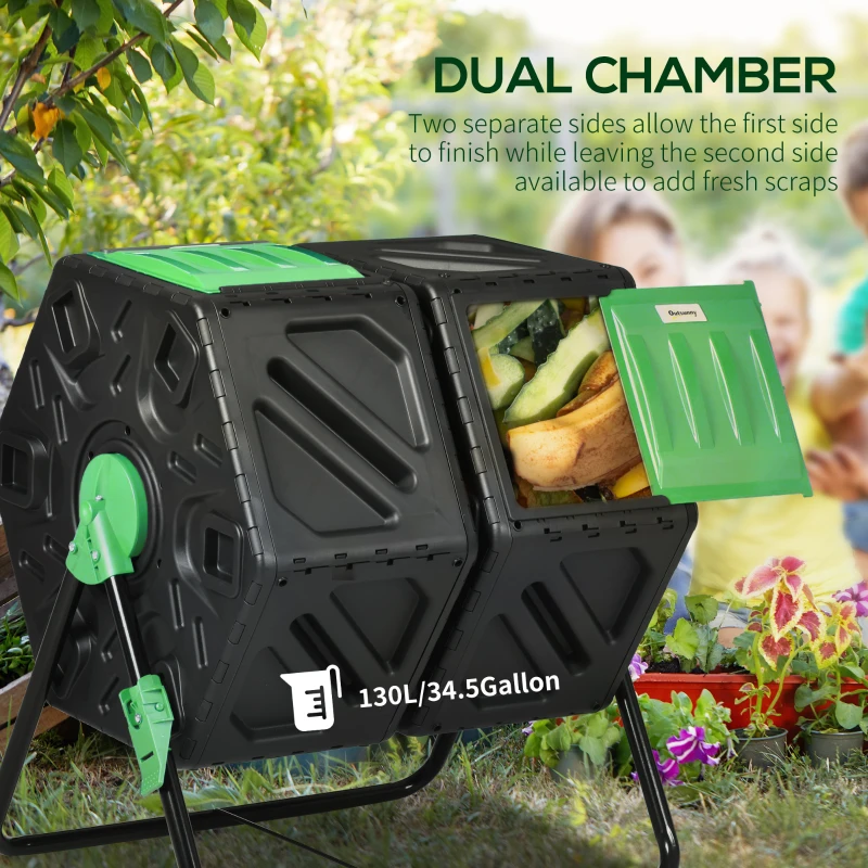 Outsunny Rotating Composter, Dual Chamber Compost Bin with 24 Vents and Steel Legs, 34.5 Gallon, Green