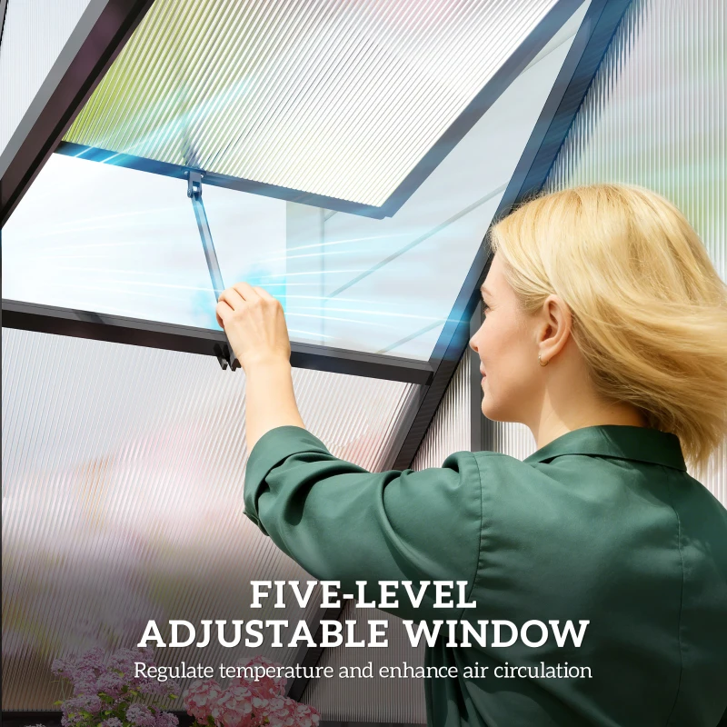 Outsunny Polycarbonate Greenhouse Walk-in Greenhouse with Swing Door and Adjustable Window, 5.5 x 6.5ft, Black