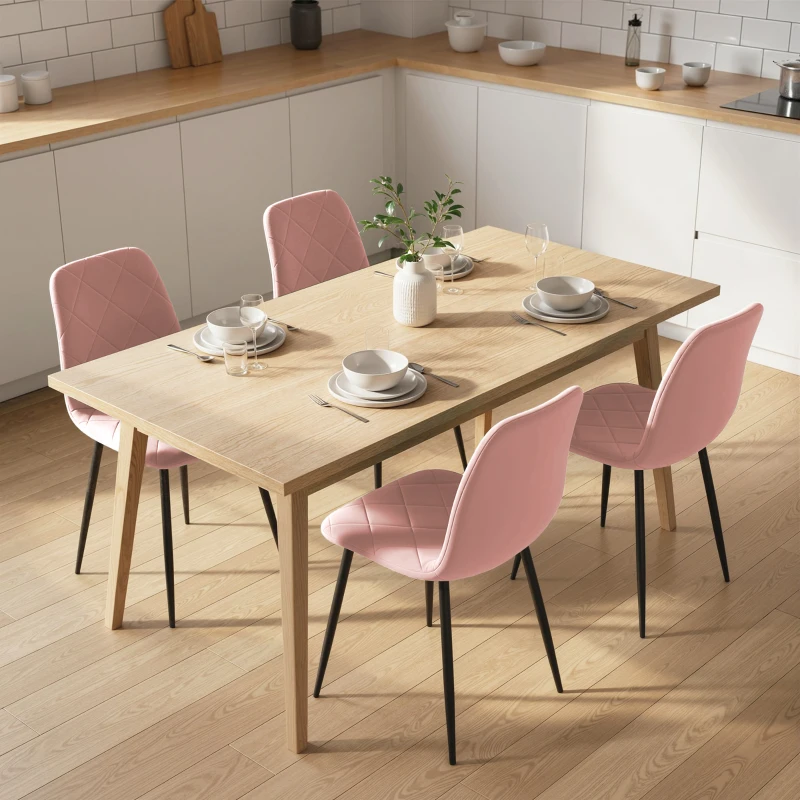 HOMCOM Dining Chairs Set of 4, Upholstered Dining Room Chairs with Steel Legs, Modern Kitchen Chair for Dining Room, Pink