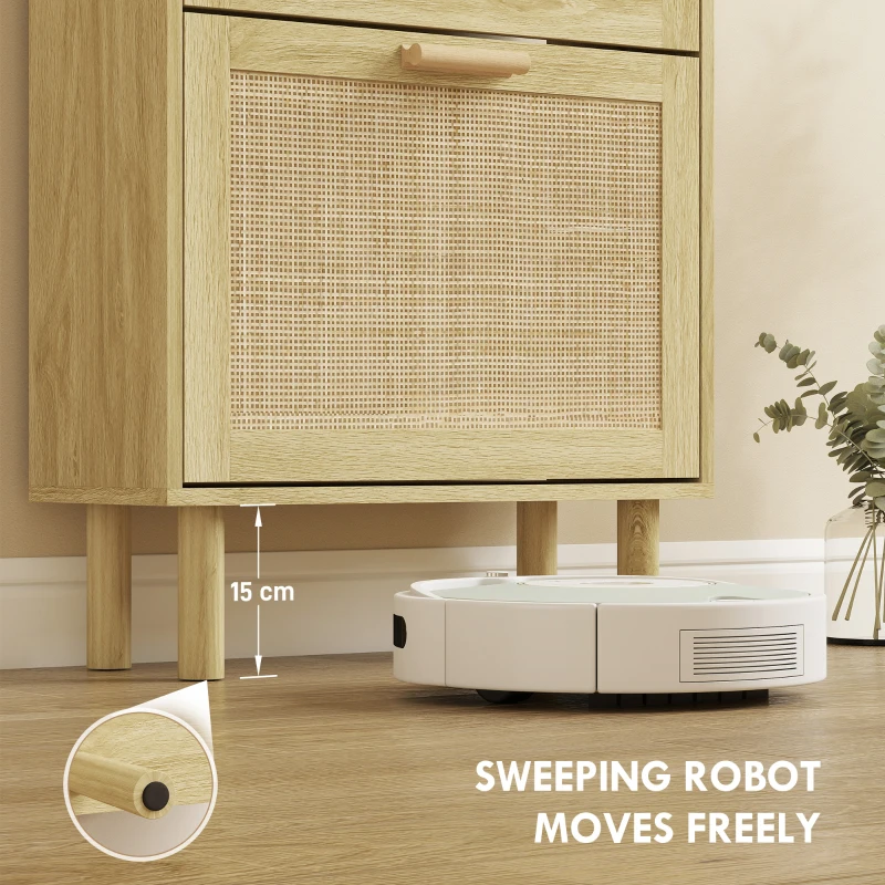 HOMCOM Slim Shoe Storage with 2 Flip Drawers and Adjustable Shelves, Rattan Shoe Cabinet Organizer for 12 Pair, Oak