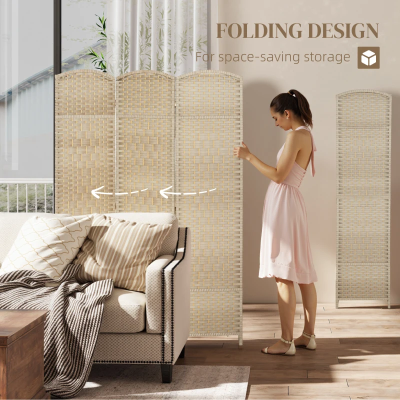 HOMCOM 6 Ft Tall Folding Room Divider, 3 Panel Portable Privacy Screen, Hand-Woven Partition Wall Divider, Light Oak