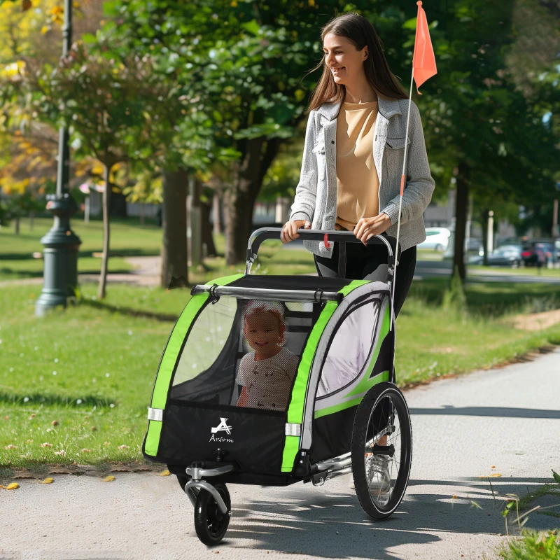 Aosom 3-in-1 Bike Trailer for Kids, Running Stroller with 2 Seats, Jogging Cart with 5-Point Harness, Storage Units, Green