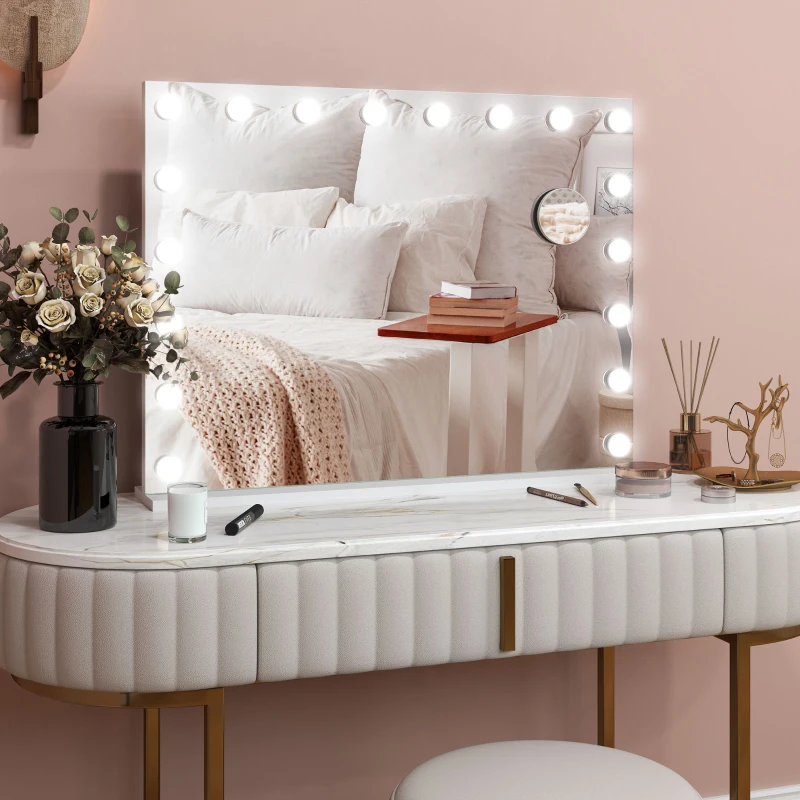 HOMCOM Hollywood Vanity Mirror with Lights, 31.5" x 24.4" Lighted Makeup Mirror with 3 Colour, 10X Magnifying, USB Port, White