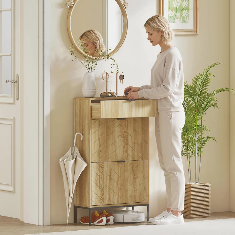 HOMCOM Narrow Shoe Storage Cabinet with Flip Drawers, Shoe Cabinet with Adjustable Shelves, Sliding Drawer, Holds 8 Pairs, Oak