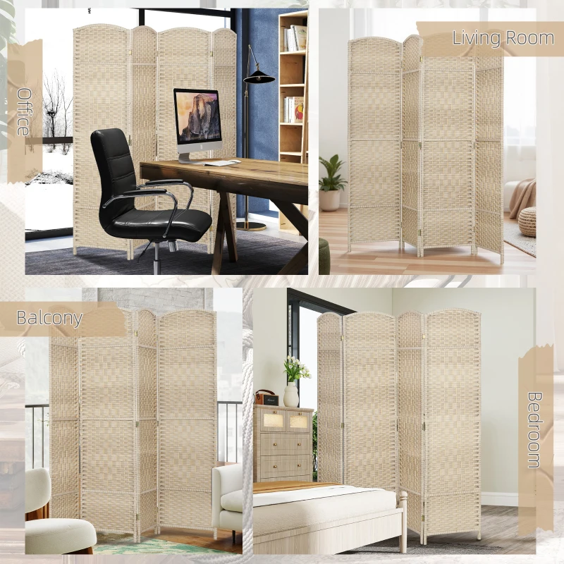 HOMCOM 6 Ft Tall Folding Room Divider, 4 Panel Portable Privacy Screen, Hand-Woven Partition Wall Divider, Light Oak