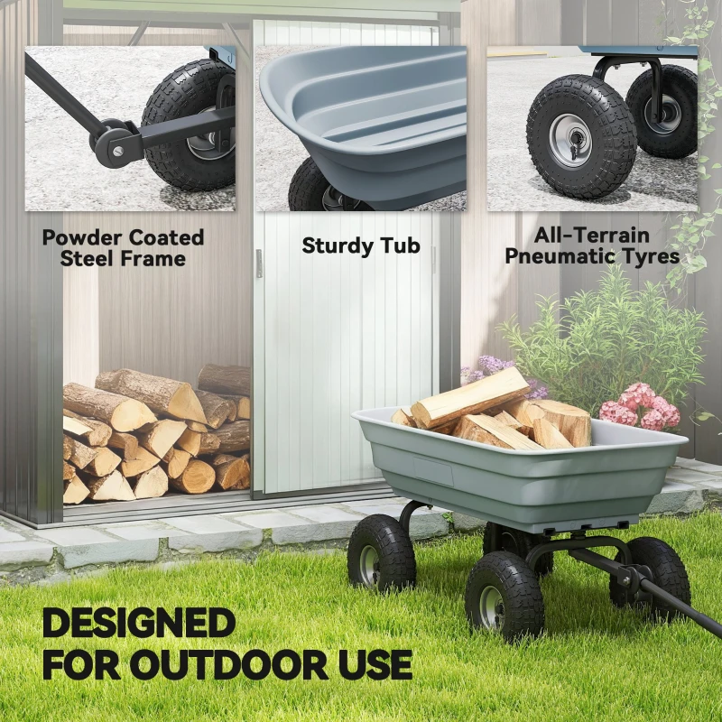 Outsunny Steel Garden Cart with Handle and 10" Pneumatic Tires, Utility Wagon Cart for Garden Patio Lawn, 551lbs Capacity, Grey