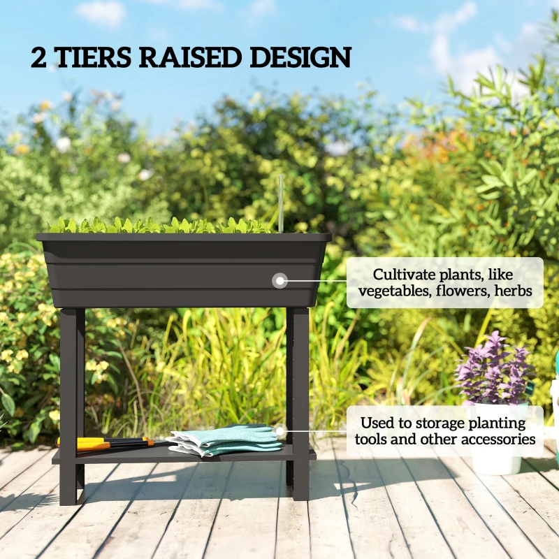 Outsunny 41L Self Watering Raised Garden Bed w/ Ventilation Transparent Lid Greenhouse, Planter Box w/ Storage Shelf, Black