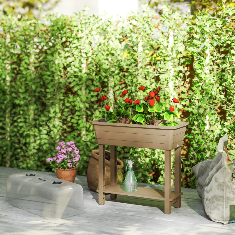 Outsunny 41L Self Watering Raised Garden Bed w/ Ventilation Transparent Lid Greenhouse, Planter Box w/ Storage Shelf, Brown