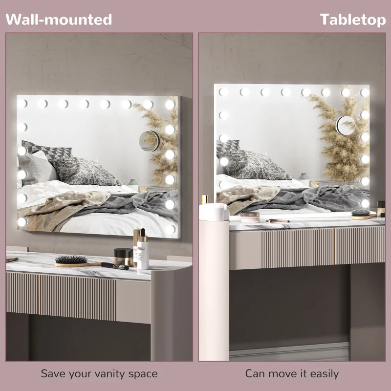 HOMCOM Hollywood Vanity Mirror with Lights, 31.5" x 24.4" Lighted Makeup Mirror with 3 Colour, 10X Magnifying, USB Port, White