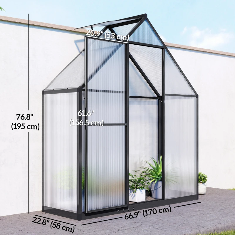 Outsunny Polycarbonate Greenhouse Walk-in Greenhouse with Swing Door and Adjustable Window, 5.5 x 6.5ft, Black