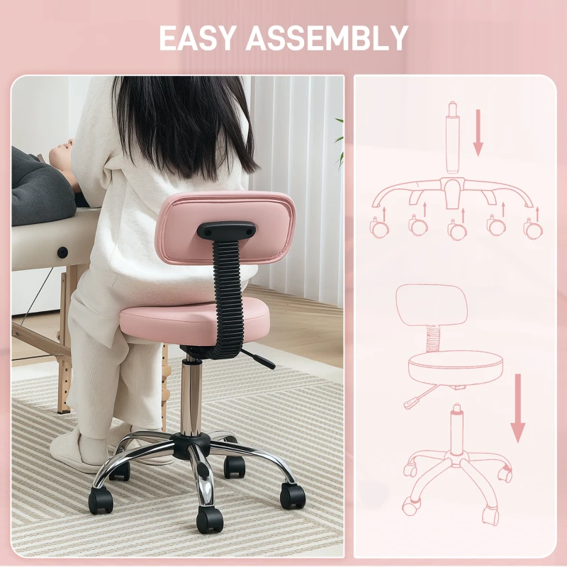 HOMCOM Adjustable Rolling Stool with Removable Backrest, Faux Leather Swivel Stool Chair for Salon Spa, Bar, Massage, Pink