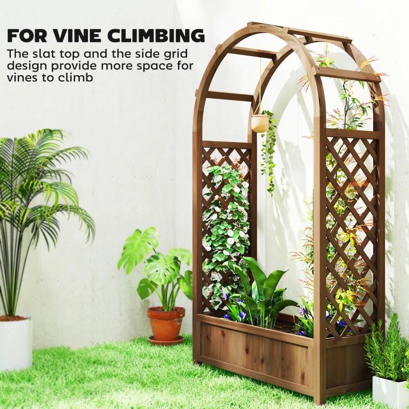 Outsunny Raised Garden Bed with Arch Trellis, Freestanding Garden Planter Box, Outdoor Planter Container, Dark Brown Wood Effect
