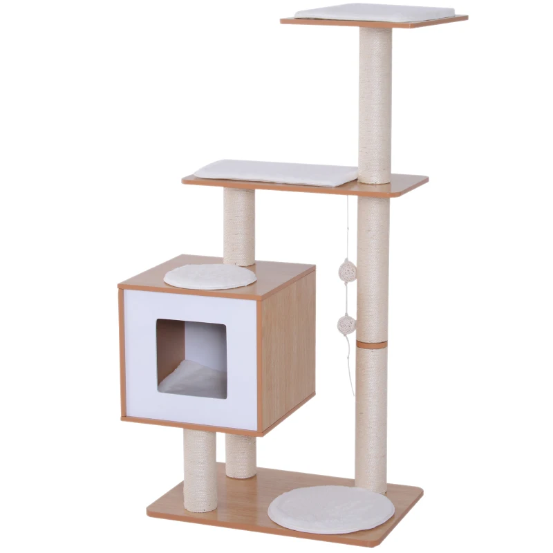 PawHut 47" Wood Cat Tree, Kitty Scratching Post, Kitten House, Condo Activity Center w/ Cushions, Pet Furniture