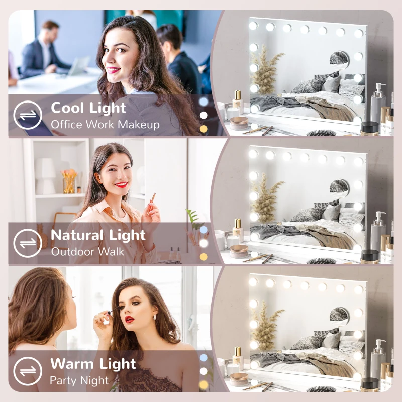 HOMCOM Hollywood Makeup Mirror with Lights, 3 Lighting Modes, USB Charging Port, Tabletop or Wall Mounted, White