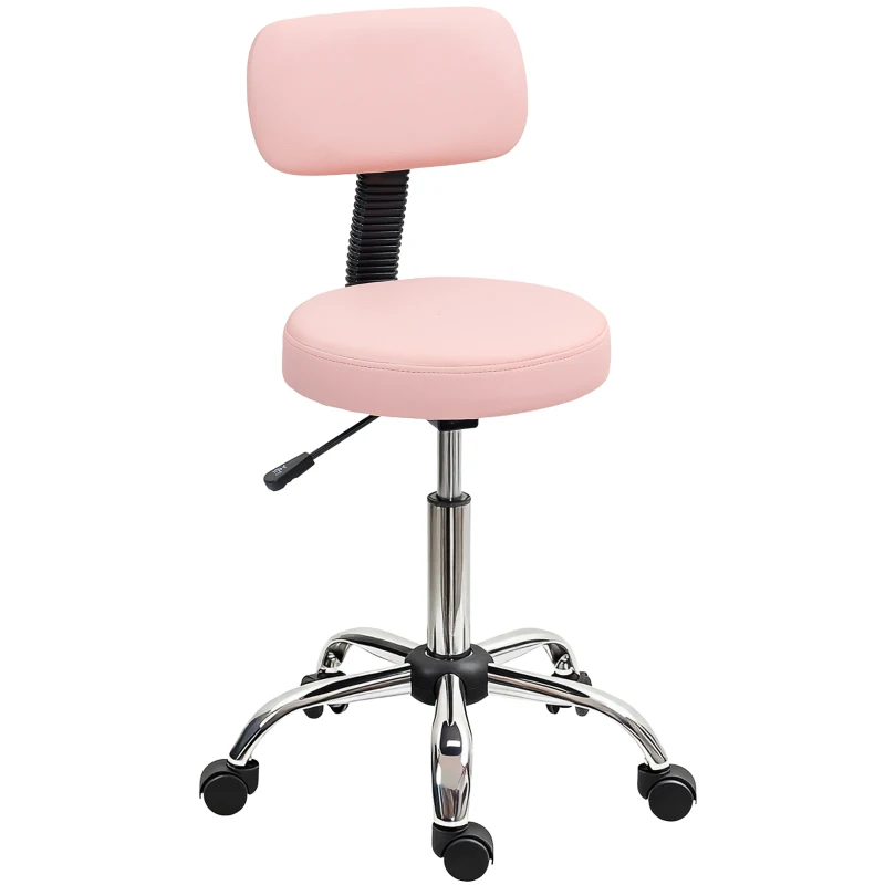 HOMCOM Adjustable Rolling Stool with Removable Backrest, Faux Leather Swivel Stool Chair for Salon Spa, Bar, Massage, Pink
