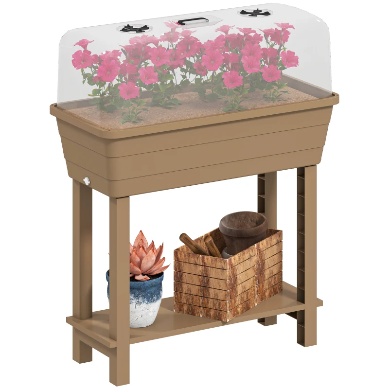 Outsunny 41L Self Watering Raised Garden Bed w/ Ventilation Transparent Lid Greenhouse, Planter Box w/ Storage Shelf, Brown